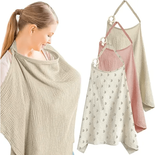 3 Pcs Muslin Nursing Cover for Breastfeeding, Cotton Breast Feeding Covers With Arch Neckline, Soft Breathable Privacy Cover for Women, Multi-use Car Seat Stroller, 39 x 24 Inch