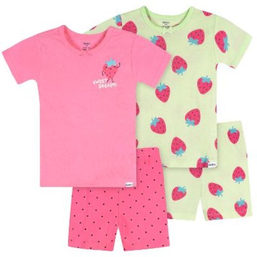 Gerber Baby Girls' 4-Piece Cotton Pajama Short Set, Pink and Green Strawberries, 18 Months