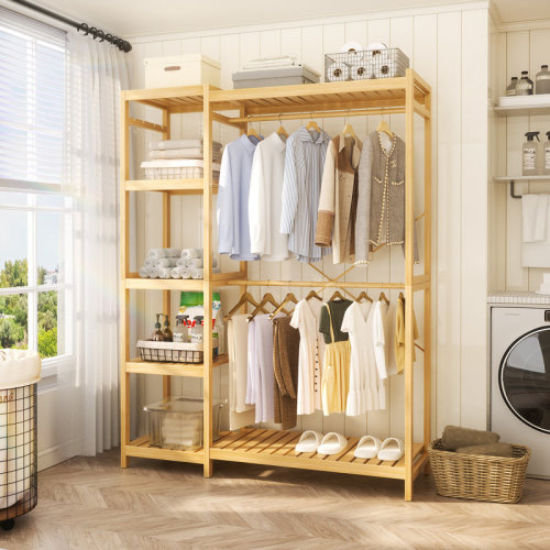 Color Natural - 7 Tiers Adjustable Shelves Bamboo Clothes Rac | Wayfair