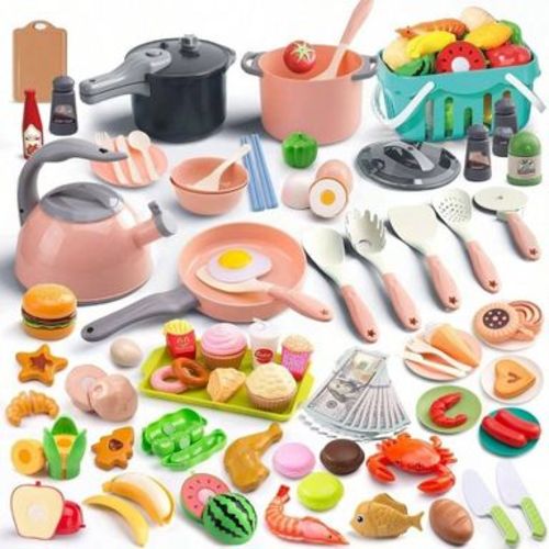130Pcs Kitchen Playset, Pots, Pans, Utensils, Food, Fruits, Veges, Basket, Dessert, Prop Money, Learning Gift Multicolor Standard