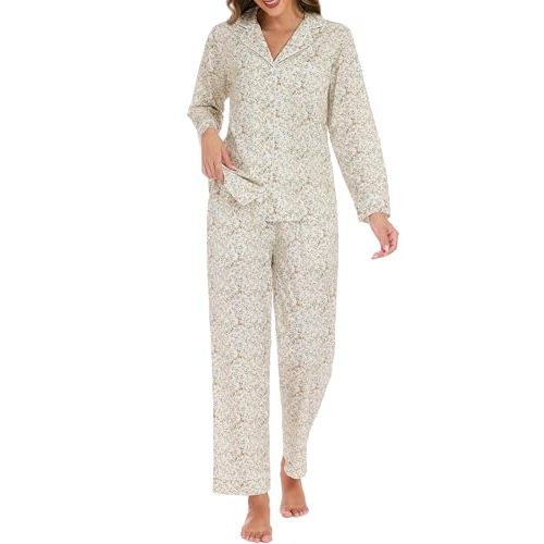 LUBOT 100% Cotton Pajamas for Women 2 Piece PJ Set Woven Poplin Ladies Button Down Long Short Sleeve Printed Sleepwear S-XXL