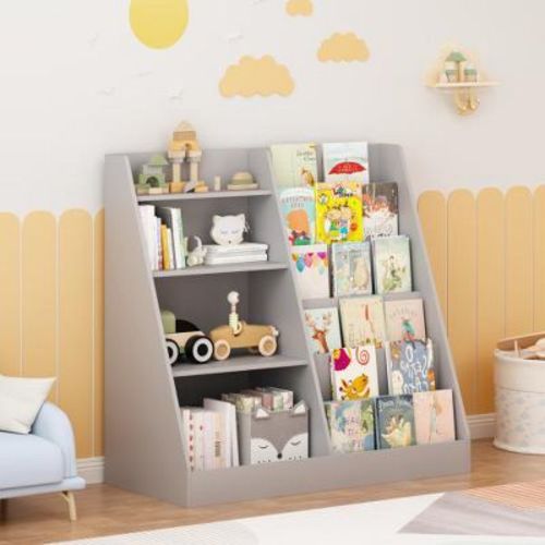 Kids Bookshelf and Toy Storage Organizer, 4 Tier Wooden Bookcase Display Shelf for Kids Room, Playroom Nursery, Toddler Book Storage, Gray