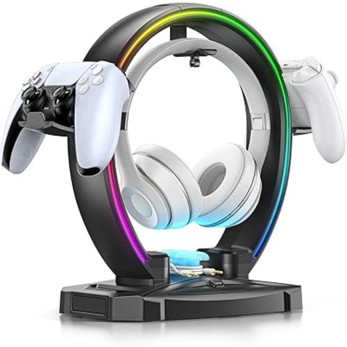 KDD RGB Headphone & Controller Stand with 9 Light Modes - Foldable Controller Hanger for Desk - Earphone Stand with Cable Organizer - for Gamers Desktop Accessories