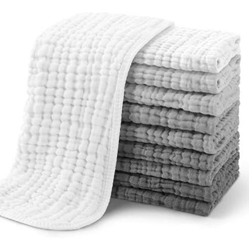 Yoofoss Muslin Burp Cloths for Baby 10 Pack 100% Cotton Baby Washcloths for Boys Girls Large 20''X10'' Super Soft and Absorbent Gradient Grey