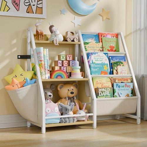 LATIBELL 3 Tier Kids Bookshelf and Toy Storage, Kids Bookcase Book Sling Shelf, Montessori Baby Toddler Bookshelf, Toy Storage Organizer, for Playroom, Bedroom, Nursery (Burlywood)