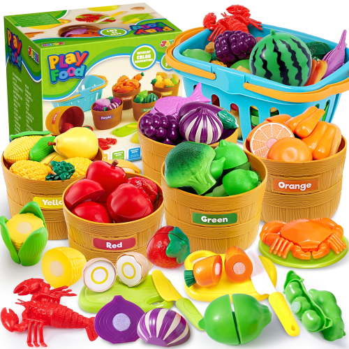 Joyfy 69 pcs Play Food Set for Kids Kitchen, Color Sorting Toy Food for Boys & Girls, Pretend Play Fake Food Toy for Toddlers