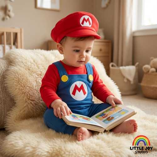 Gamer Baby Romper Plumber Cosplay Bodysuit Cute Geeky Boy Outfit Halloween Costume and Baby Shower Gift with Hat