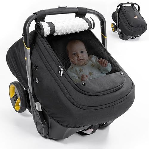 Bioby Waterproof Baby Car Seat Cover, Infant Car Seat Cover for Boy Girl, Roomy Cozy Windproof Sun Protection Baby Carseat Covers Canopy with Breathable Net and Holes, Universal Fitted Black