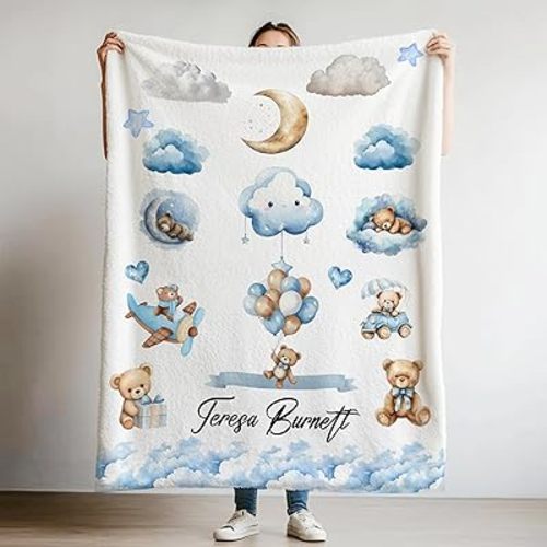 VIRAGIL Custom Baby Boy Blanket with Name – Cozy Infant Throw for Boys, Blue Sky and Moon Bear Design, Toddler Quilt, Winter Essential, Surprise Gift