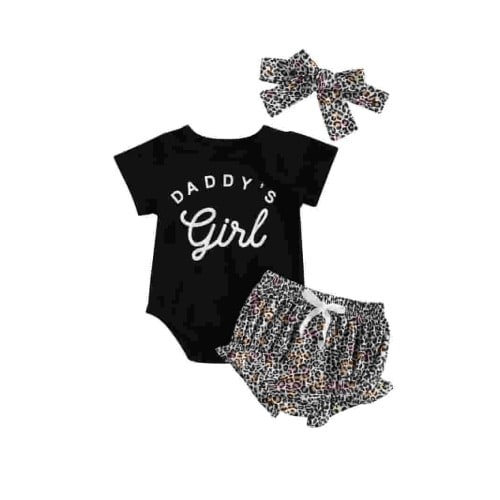 Qtinghua Daddy's Girl Newborn Baby Girls Summer Outfit Short Sleeve Romper Leopard Print Short Pants Infant 3Pcs Clothes Black 0-3 Months