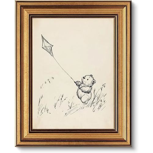 LECYHCYHLE Vintage Gold Framed Teddy Bear Wall Art Neutral Teddy Bear Sketch Print Classic Storybook Bear Picture Cute Animal Nursery Decor for Baby Boy Room Toddler Bedroom Kids Playroom 9x11 Inch