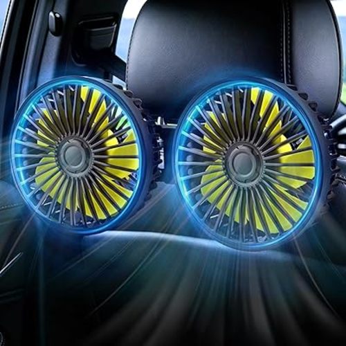 XOOL Car Fan for Backseat Kids, Dual Head USB Car Cooling Fans - 3 Speeds 360° Rotatable Rear Headrest Fans, 5V/2A Powerful Electric Air Circulation Fan for Vehicles SUV RV