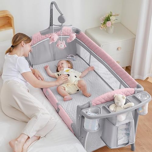 ADOVEL Baby Bassinet Bedside Crib, Pack and Play with Mattress, Diaper Changer and Playards from Newborn to Toddles, Pink