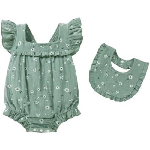 YOUNGER TREE Baby Girl Romper 100% Cotton Ruffle Sleeveless Summer Outfit with Accessory Soft Infant Clothes for Daily Wear