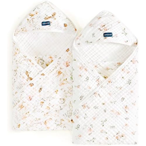 GRSSDER Ultra Soft Absorbent Muslin Cotton Baby Hooded Towel 2 Pack with Original Patterns, Extra Large Size 35"x 35" Swaddle Wrap for Newborn Infant and Toddler