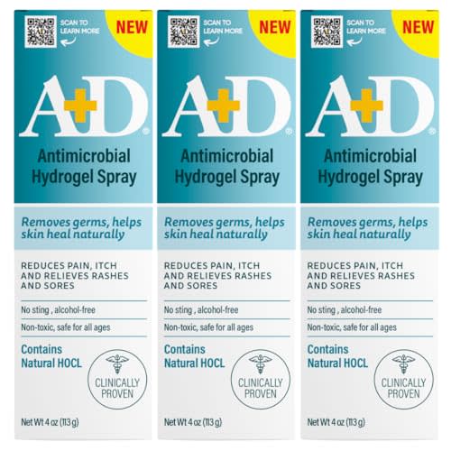 A+D Hydrogel Spray – With Hypochlorous Acid, Helps Heal Rashes & Irritations, Reduces itch & pain, Alcohol-Free, Non-Sting Formula, Safe for All Ages, 4oz 3 Pack