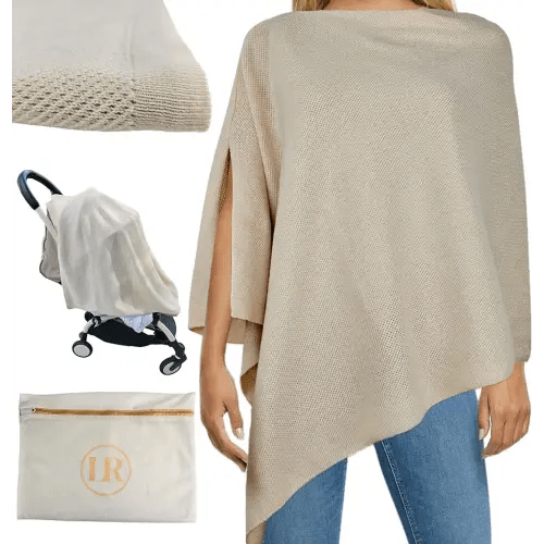 Little Rou Peekaboo Knit Breathable Nursing Cover Up For Breastfeeding - Soft Organic Cotton & Cashmere Breast Feeding Covers For Women - Privacy Feature - Includes Mesh Laundry Bag (Beige)