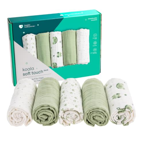 Koala Babycare 5 Pack 20"x10" Muslin Burp Cloths for Baby Boys and Girls - GOTS & Oeko-TEX Cotton Burp Rags for Newborns - Absorbent Neutral Burping Cloths for Feeding - Washable Baby Bibs Essentials