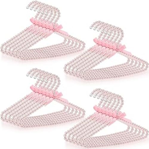 Threan Pink 24 Pcs Pearl Beaded Clothes Hanger Mini Pearl Beads Small Metal Clothes Hangers with Ribbon Standard for Kids Baby Children Pet Dog