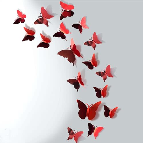 3D Mirror Metallic Butterfly Wall Decor, Red, 48Pcs, 4 Styles, 3 Sizes