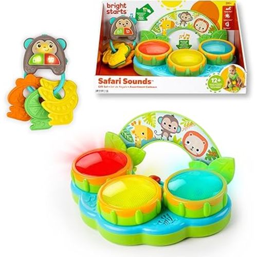 Bright Starts Safari Sounds Gift Set, 2-PK Baby Toys for On The Go, Musical Drum Toy and Car Keys Toy with Car Sounds, Unisex Jungle Theme, 3-6 Months and Up
