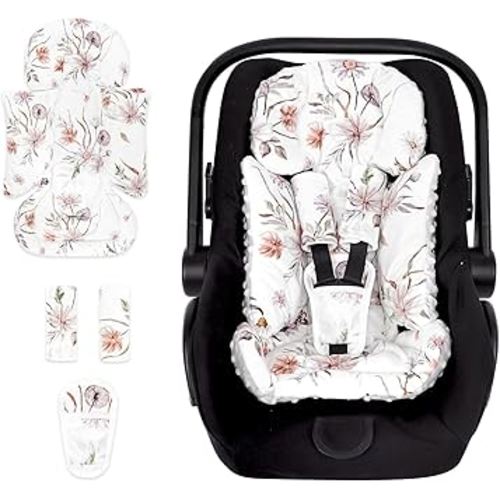 Infant Car Seat Insert and Strap Covers, Very Soft Car Seat Head Support Baby Girl Boy, Reversible Newborn Carseat Insert Cushion Fits for Stroller, Baby Swing, Bouncer (White Flower)