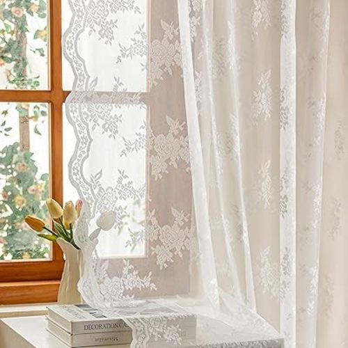 White Lace Curtains 84 Inches Long, Victorian Floral Pattern White Sheer Curtains for Living Room Bedroom Vintage Light Filtering Lace Drapes 2 Panels, Each Panel 50W x 84L