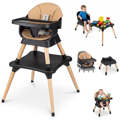HONEY JOY 9-in-1 Baby High Chair, Convertible Wood Highchair for Babies and Toddlers/Dining Booster Seat/Table & Chair Set, Toddler Stool w/5-Point Safety Harness, Removable Cushion & Tray (Coffee)