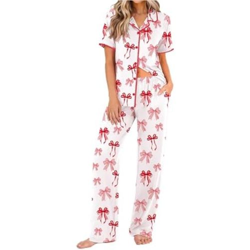 Ekouaer Womens Pajamas Set Button Down Loungewear Short Sleeve Pants Pjs