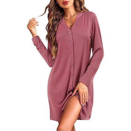 Ekouaer Nightgowns for Women Button Down Night Shirt Long Sleeve Ribbed Knit V-Neck Sleepwear Pajama Dress