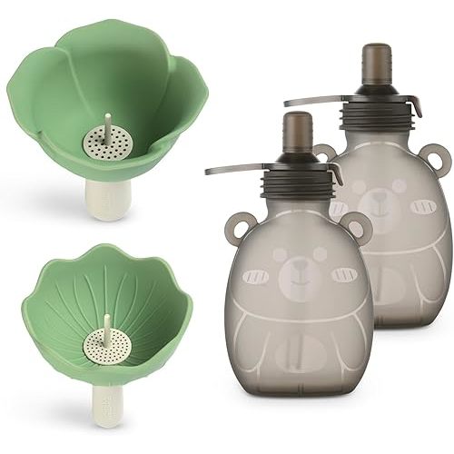 haakaa Happii Bear Silicone Goody Pouch&Flower Funnel Set-Reusable Baby Food Pouches for Homemade Organic Purees, Juices, Smoothies, and Yogurt-Small Funnels for Filling Small Bottles, Funnels for Kit