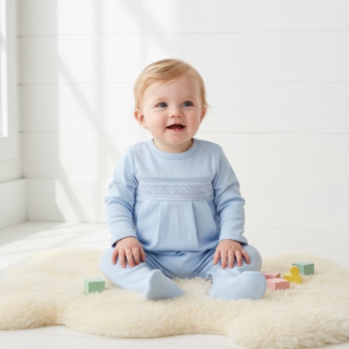 BBB-114 Blue   Pima Hand Smocked Footie