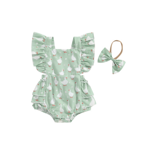 Juaugusep Newborn Western Clothes Chicken/Goose/Duck Print Romper Ruffle Sleeveless Bodysuit with Headband Baby Farm Outfit