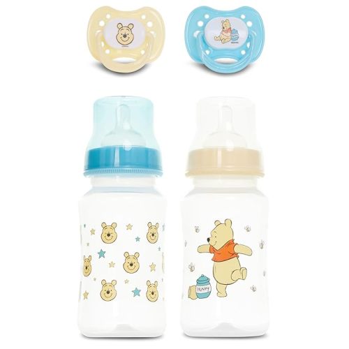 Disney Baby Bottles and Pacifiers Set – 2 Hourglass-Shaped 11oz Bottles + 2 Orthodontic Pacifiers – Officially Licensed Mickey, Minnie, Pooh & Dumbo Designs – BPA-Free Feeding Gift Set