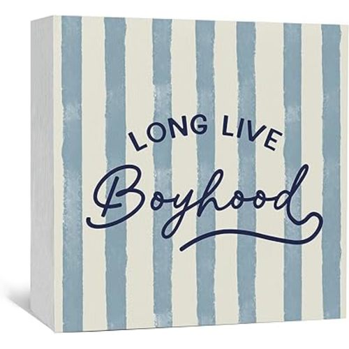 Long Live Boyhood Wooden Box Signs, Boys Room Decor, Blue Striped Long Live Boyhood Wood Sign Home Decor for Kids Boy Nursery Bedroom Playroom Desk Table Shelf 5x5 Inch