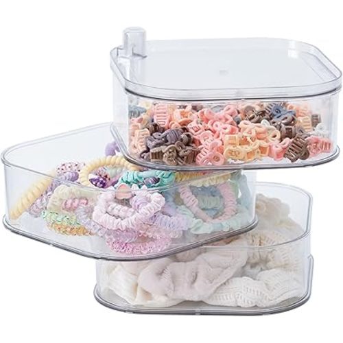 FABROK 3-Layer Hair Ties Organizer for Girls, Large Hair Accessories Storage Box for Clips, Scrunchies, Headbands, Rotating Bathroom and Vanity Container for Makeup Tools, Jewelry