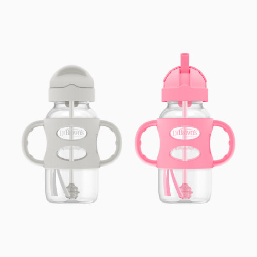 Dr. Brown's Wide-Neck Sippy Straw Bottle with Silicone Handles (2 Pack) - Gray & Pink, 9 Oz, 2