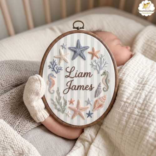 Embroidered Coastal Seashell Baby Name Gingham Hoop, Custom Ocean Name Sign, Newborn Hospital Sign, Baby Name Announcement, Baby Shower Gift