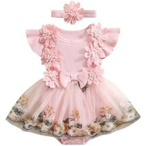 ZAXARRA Newborn Baby Girl Summer Dress Ruffle Sleeveless Floral Embroidery Romper Dress Headband Beautiful Clothes Set