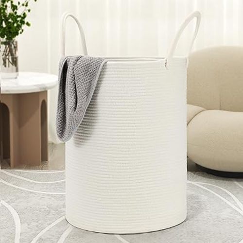 58L Cotton Rope Laundry Basket (20"x15"),Woven Basket for Storage Dirty Clothes Basket for Laundry, Living Room, Nursery, Bedroom Rope Storage Basket for Blankets(White)