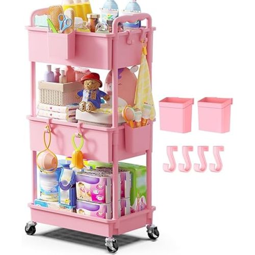 Goovilla Diaper Cart with Lockable Wheels and Easy Assembly, 3 Tier Pink Rolling Cart for Baby Nursery Storage, Sturdy Ample Diaper Caddy Organizer for Baby Girl, Boy, New Mom, Newborn Essentials