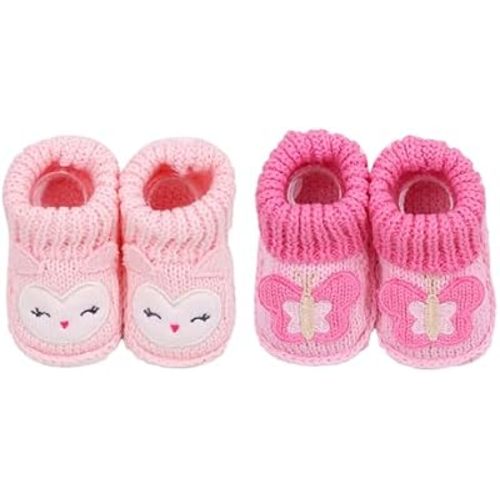 2 Pairs Baby Booties Newborn First Walkers Cozy Shoes Warm Knit Soft Booties for Toddler Infant Boy Girl, 0-3 Months