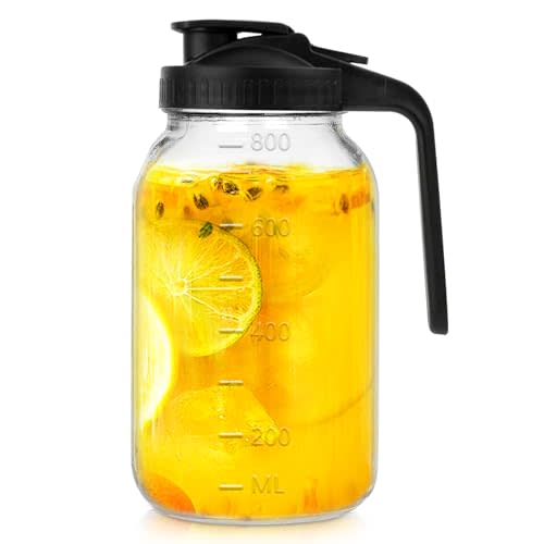 WEILAIDI Glass Pitcher with Lid, 32 oz Glass Mason Jar Pitcher with Lid, Heavy Duty Wide Mouth Jar with Lid,Heavy Duty Container for Sun Tea, Juice, Cold Brew Coffee, Breastmilk Storage (Black)