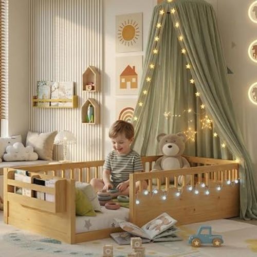 Twin Montessori Floor Bed with High Rails, Wooden Twin Size Bed Frame Kids with LED Lights & Storage Shelf, Montessori Beds Frames for Kids, Girls, Boys, Natural