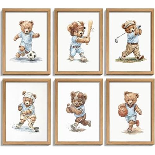 6Pcs Sports Teddy Bear Canvas Wall Art - Watercolor Kids Room Canvas Wall Decor, Cute Baseball Soccer Hockey Golf Basketball Football Poster Set for Boys Bedroom Nursery Playroom Farmhouse Home Decor【FRAMED】