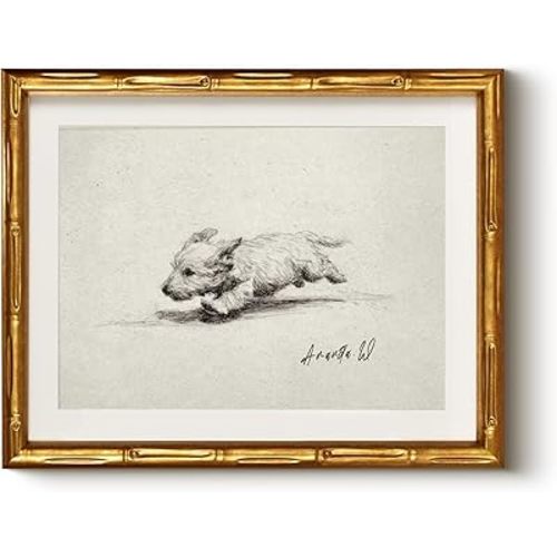 HUARCEY Vintage Dog Sketch Gold Framed Wall Art 11x14, The Puppy Running at Full Speed Canvas Print, Classic Hand Drawn Minimalist Animal Illustration Artwork Living Room Bedroom Home Decor