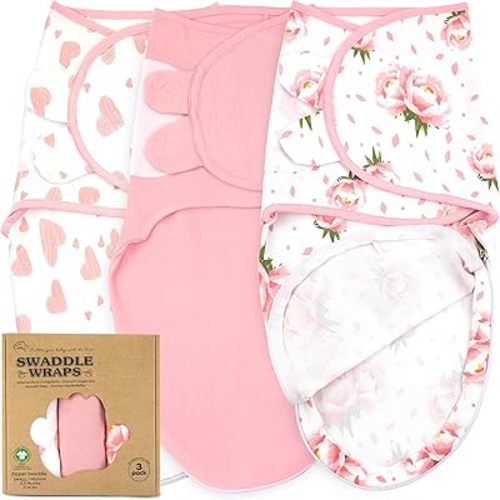 Bublo Baby Swaddles 3-Pack 0-3 Months Organic Cotton Hearts-Flowers Safe & Cozy Sleep, for Newborns, Soft, Adjustable, Swaddle Sleep Sack, Baby Wrap, Infant Swaddles