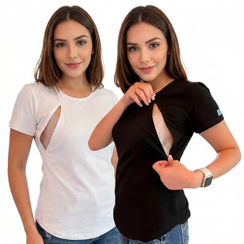 2 Pack - Cotton Maternity/Nursing Top T-Shirt with Hidden Zippers. Black and White