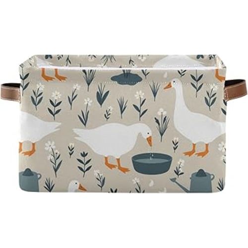 Aslsiy Storage Basket Cute Goose Nursery Bins Doodle Flowers Baby Box Canvas Clothes Shelf Basket Laundry Hamper Gift Baskets for Home Closet 1 Pcs