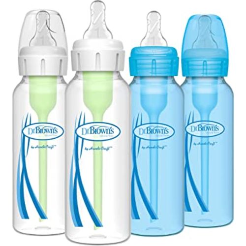Dr. Brown’s Natural Flow® Anti-Colic Options+™ Narrow Baby Bottles, 8 oz/250ml, with Level 1 Slow Flow Nipple, 4 Pack, Blue/Clear